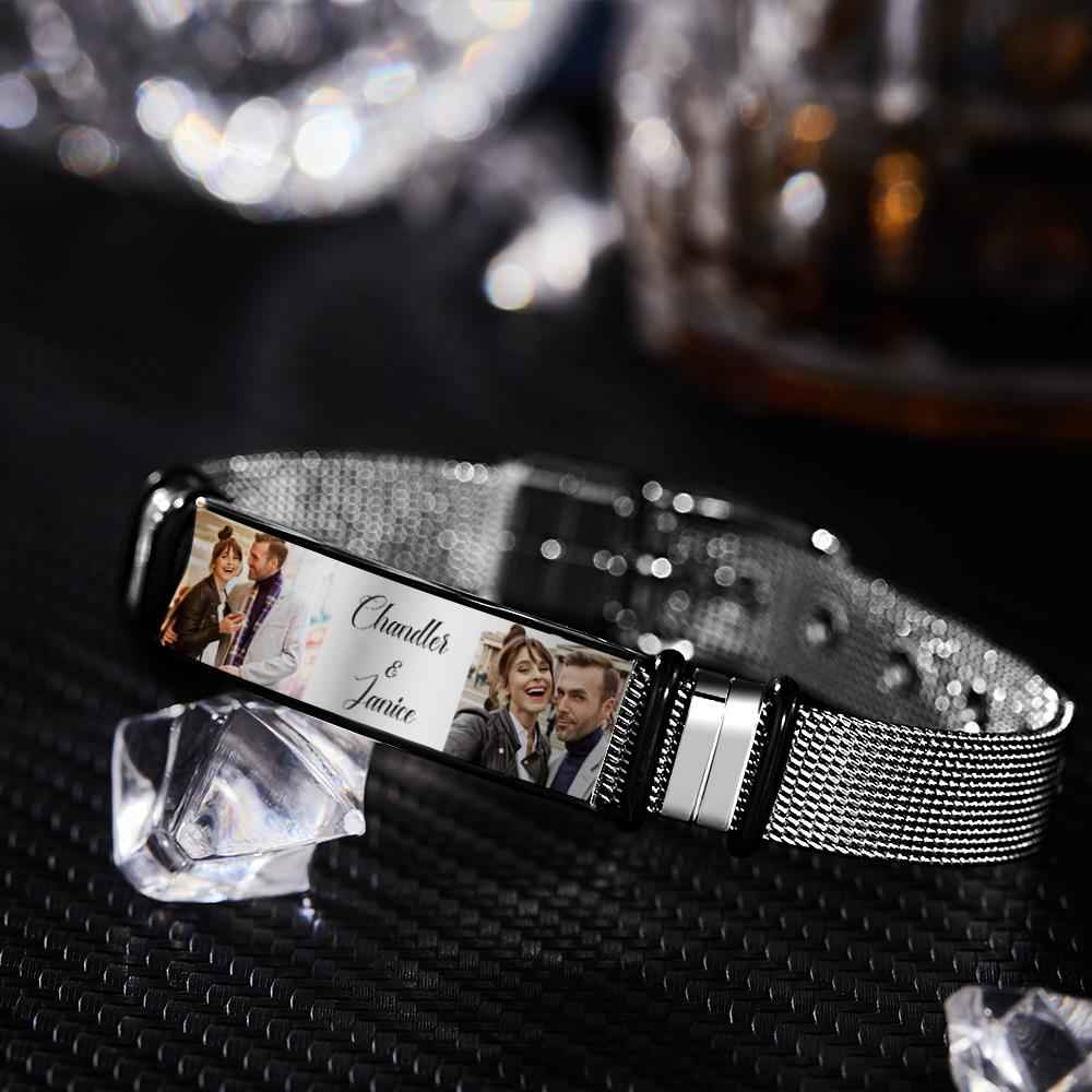 Custom Stainless Steel Mens Bracelet With Two Photo And Engraved Words Best Gifts For Lovers On Valentine's Day