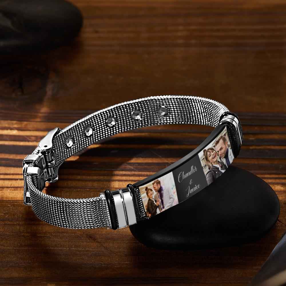 Custom Stainless Steel Mens Bracelet With Two Photo And Engraved Words Best Gifts For Lovers On Valentine's Day