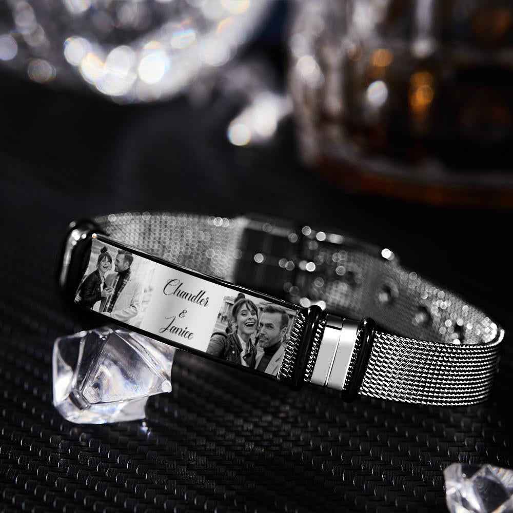 Custom Stainless Steel Mens Bracelet With Two Photo And Engraved Words Best Gifts For Lovers On Valentine's Day