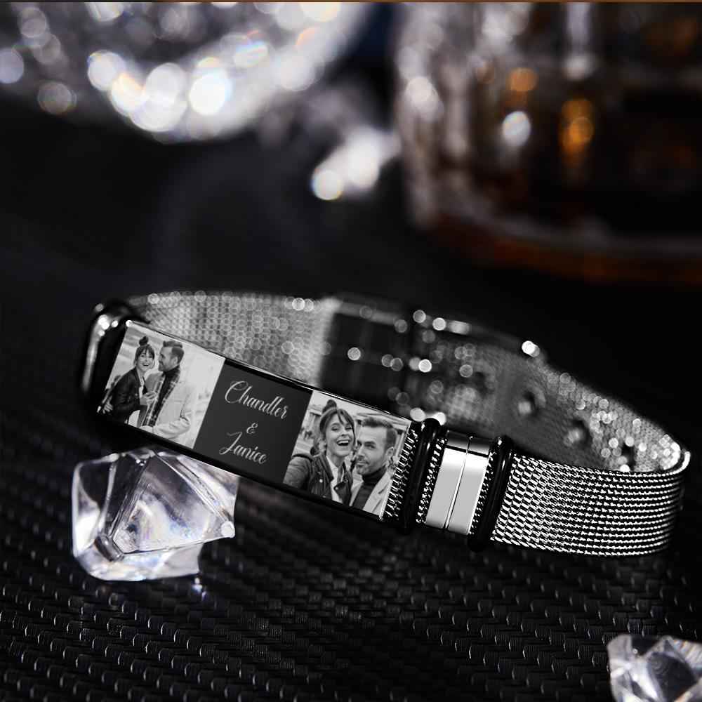 Custom Stainless Steel Mens Bracelet With Two Photo And Engraved Words Best Gifts For Lovers On Valentine's Day