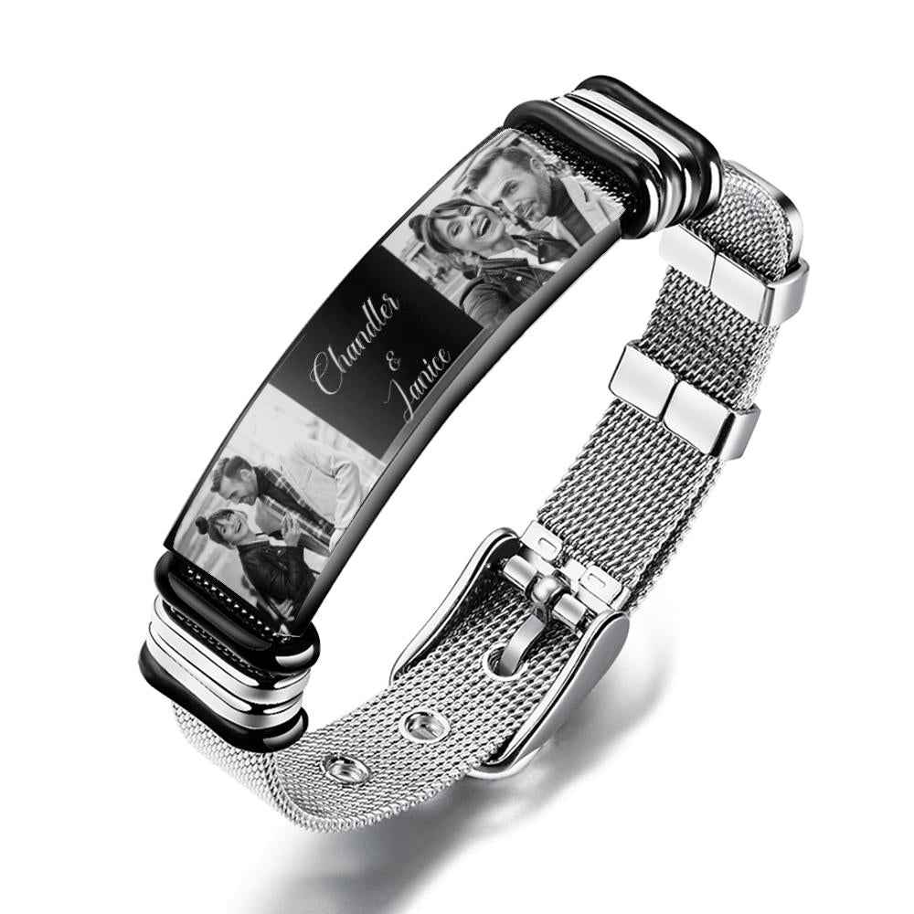 Custom Stainless Steel Mens Bracelet With Two Photo And Engraved Words Best Gifts For Lovers On Valentine's Day