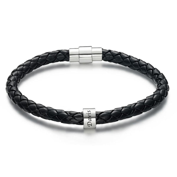 Men's Custom Engraved Black Leather Bead Bracelet | 1-6 Charms Personalised Gift