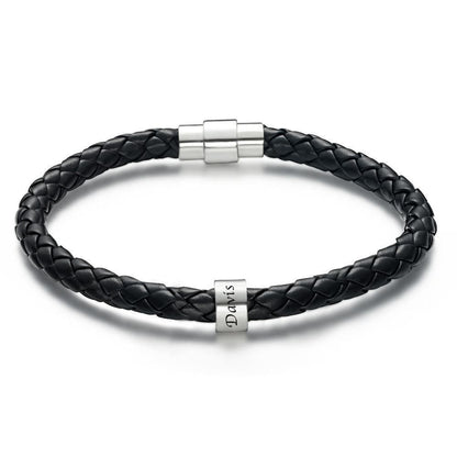 Men's Custom Engraved Black Leather Bead Bracelet | 1-6 Charms Personalised Gift