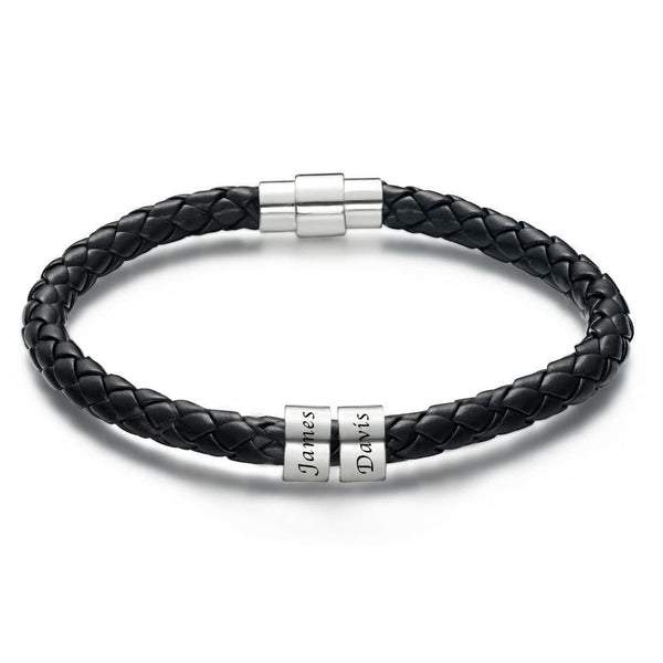 Men's Custom Engraved Black Leather Bead Bracelet | 1-6 Charms Personalised Gift