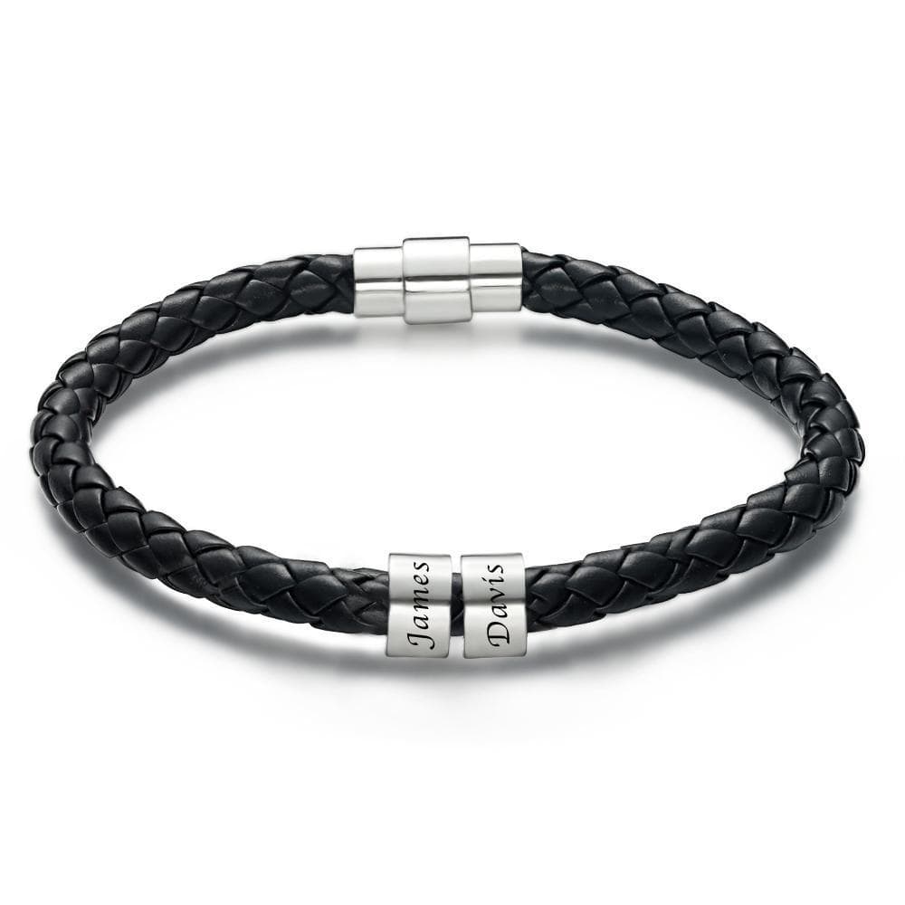 Men's Custom Engraved Black Leather Bead Bracelet | 1-6 Charms Personalised Gift