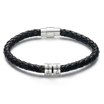 Men's Custom Engraved Black Leather Bead Bracelet | 1-6 Charms Personalised Gift