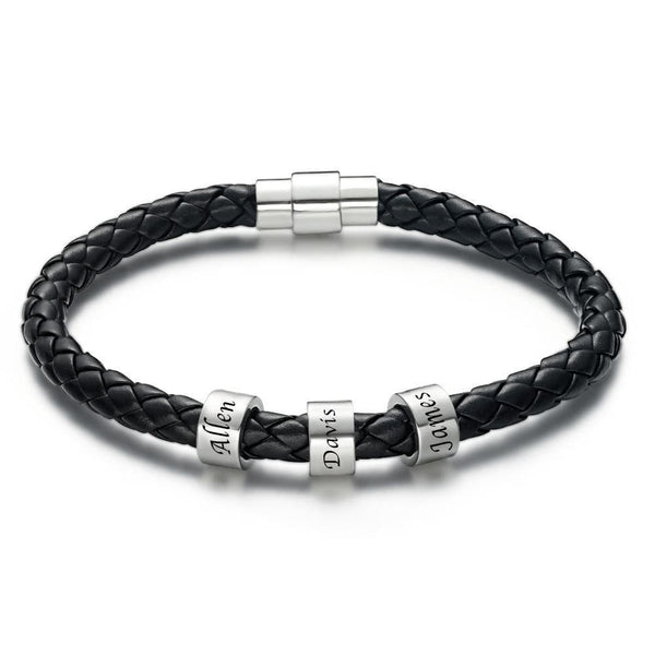 Men's Custom Engraved Black Leather Bead Bracelet | 1-6 Charms Personalised Gift