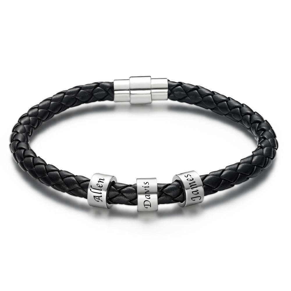 Men's Custom Engraved Black Leather Bead Bracelet | 1-6 Charms Personalised Gift