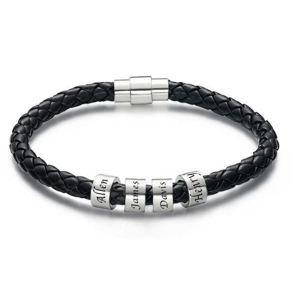 Men's Custom Engraved Black Leather Bead Bracelet | 1-6 Charms Personalised Gift