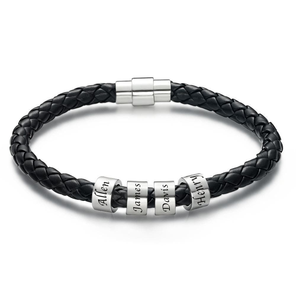 Men's Custom Engraved Black Leather Bead Bracelet | 1-6 Charms Personalised Gift