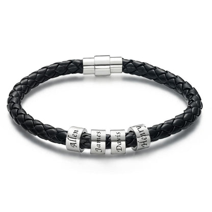 Men's Custom Engraved Black Leather Bead Bracelet | 1-6 Charms Personalised Gift