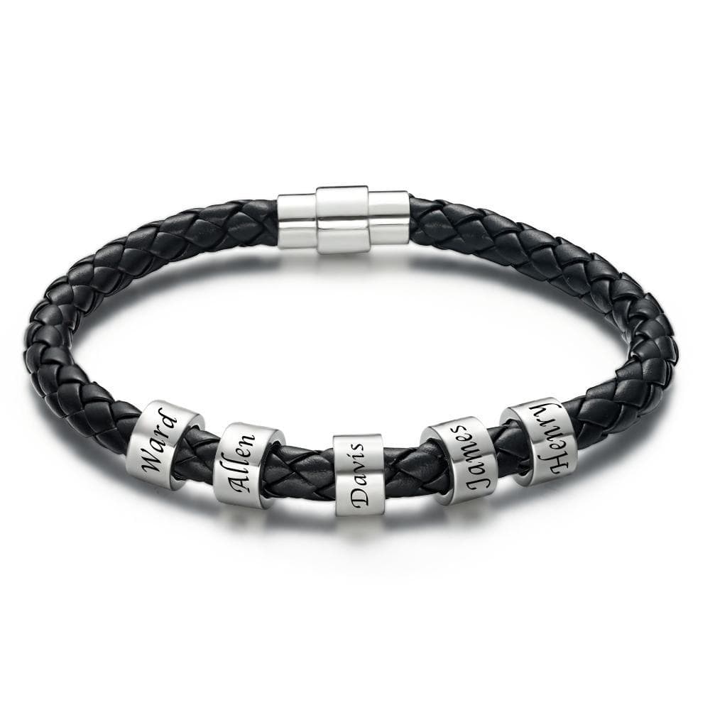 Men's Custom Engraved Black Leather Bead Bracelet | 1-6 Charms Personalised Gift