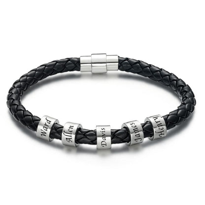 Men's Custom Engraved Black Leather Bead Bracelet | 1-6 Charms Personalised Gift