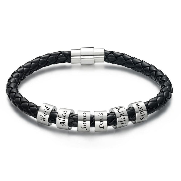 Men's Custom Engraved Black Leather Bead Bracelet | 1-6 Charms Personalised Gift