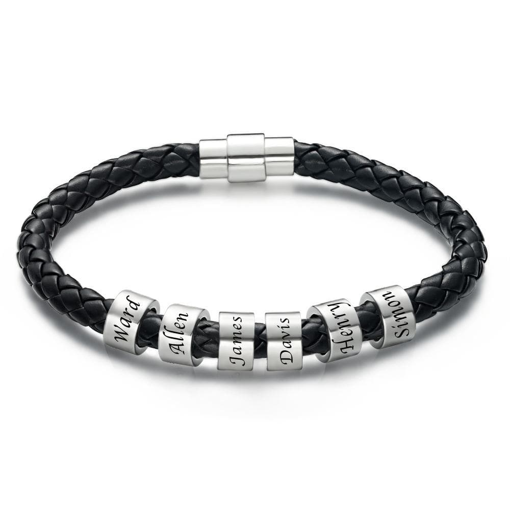 Men's Custom Engraved Black Leather Bead Bracelet | 1-6 Charms Personalised Gift