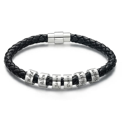 Men's Custom Engraved Black Leather Bead Bracelet | 1-6 Charms Personalised Gift