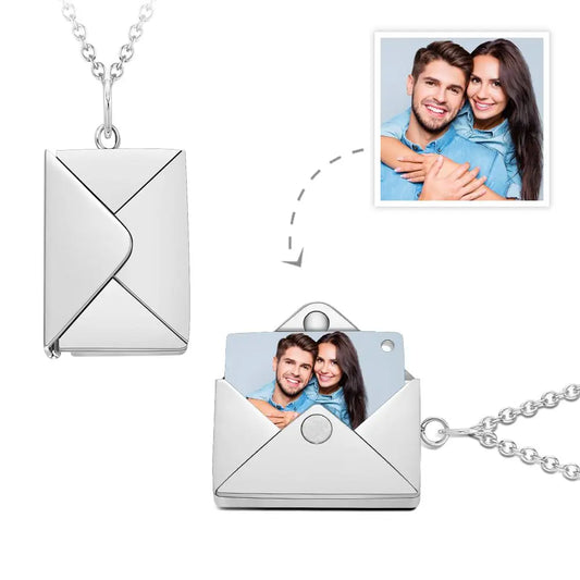 Personalised envelope locket necklace in silver — stainless steel openable pendant holding a custom engraved photo keepsake, ideal gift for her
