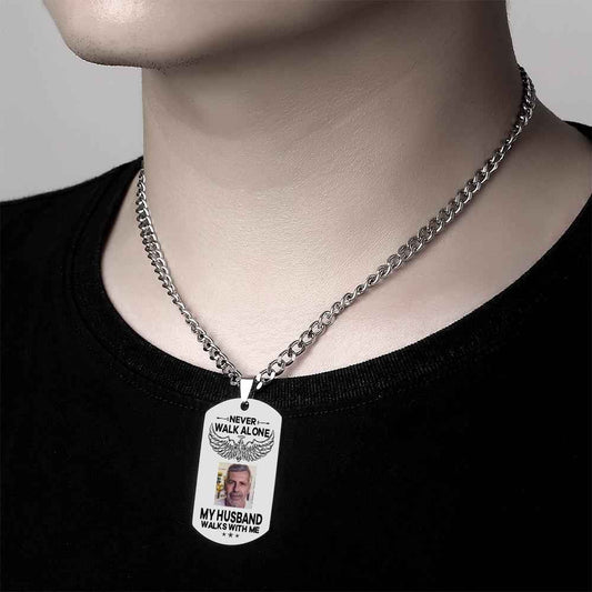 Custom Photo Necklace NEVER WALK ALONE Engrave Tag Necklace Stainless Steel Commemorative Gift