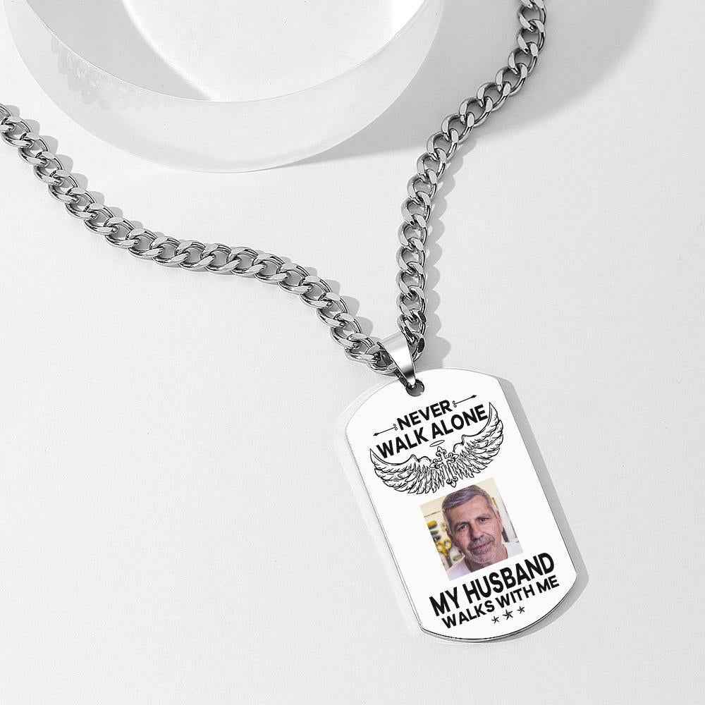 Custom Photo Necklace NEVER WALK ALONE Engrave Tag Necklace Stainless Steel Commemorative Gift