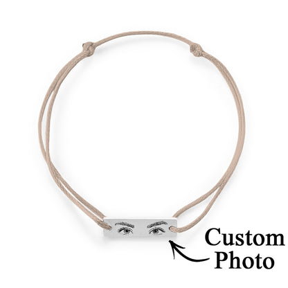 Close-up of silk cord and sliding beads on adjustable personalised eyes photo bracelet — comfortable 16–36 cm fit