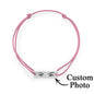 Close-up of silk cord texture and neat knot on adjustable personalised eyes photo bracelet for daily comfort