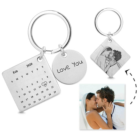 Personalised calendar photo keyring display of finish options and customisation — silver, black, rose gold or gold available with engraving or UV print