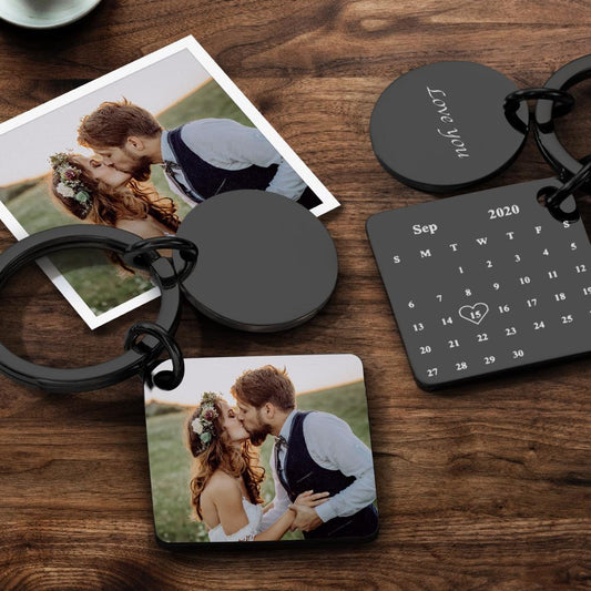 Personalised stainless steel engraved photo calendar keychain with custom picture and date, stylish engraved calendar keepsake keyring
