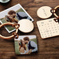 Close-up of engraved photo and calendar on a silver stainless steel personalised keychain, perfect custom photo keyring gift