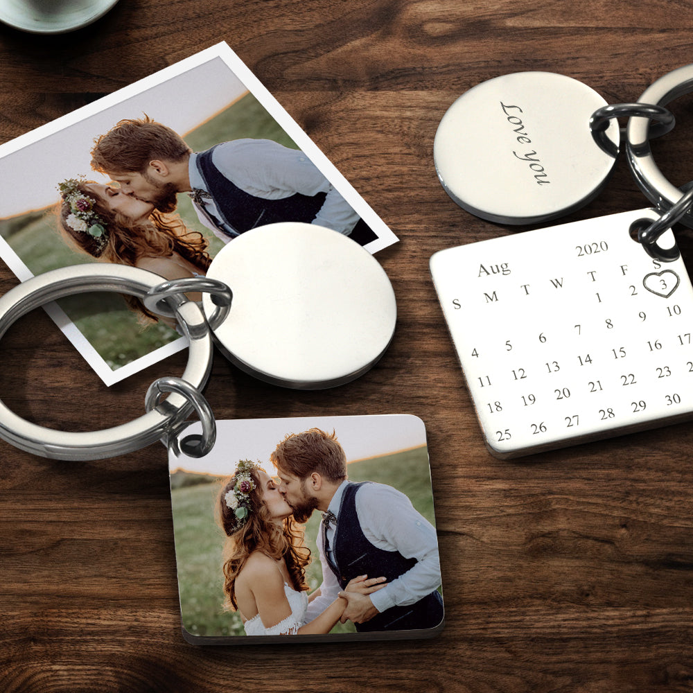 Personalised stainless steel engraved photo calendar keychain with custom picture and date, stylish engraved calendar keepsake keyring