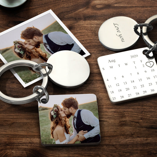 Personalised stainless steel engraved photo calendar keychain with custom picture and date, stylish engraved calendar keepsake keyring