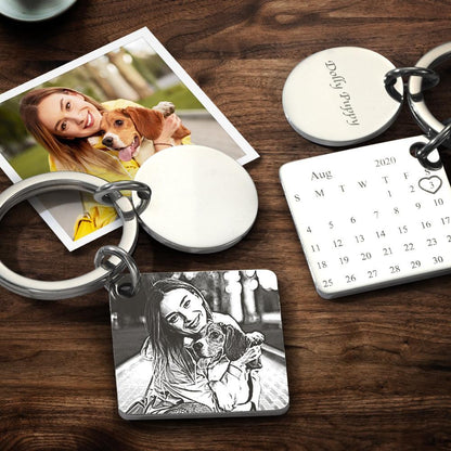 Round engraved photo keychain with calendar imprint shown beside keys — compact personalised anniversary keyring gift