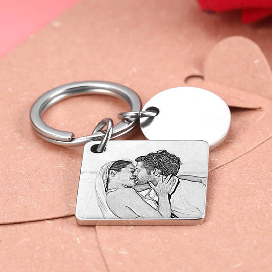 Custom engraved photo calendar keychain personalised keyring showing engraved couple photo and memorable date — perfect anniversary keepsake
