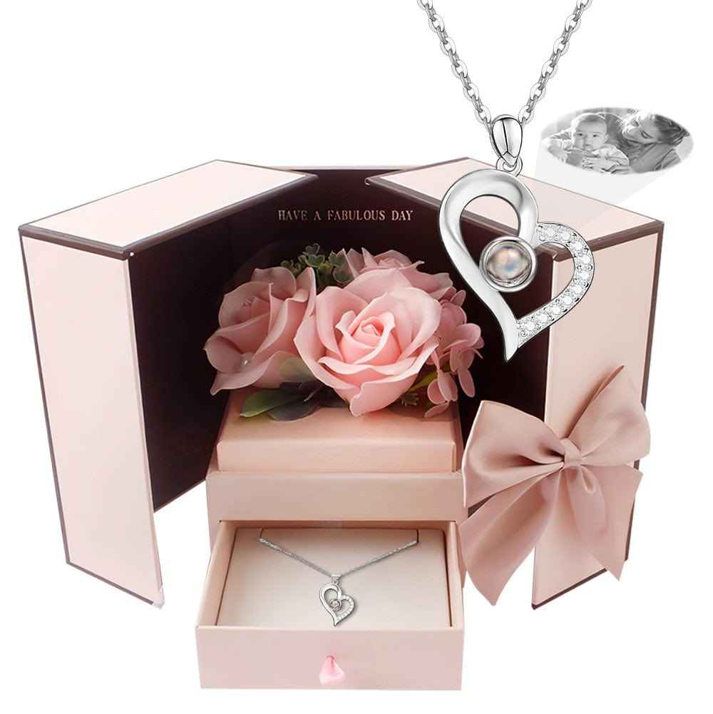 Photo Projection Necklace With Eternal Flower Jewelry Box Gifts for Mum - 2 Colors