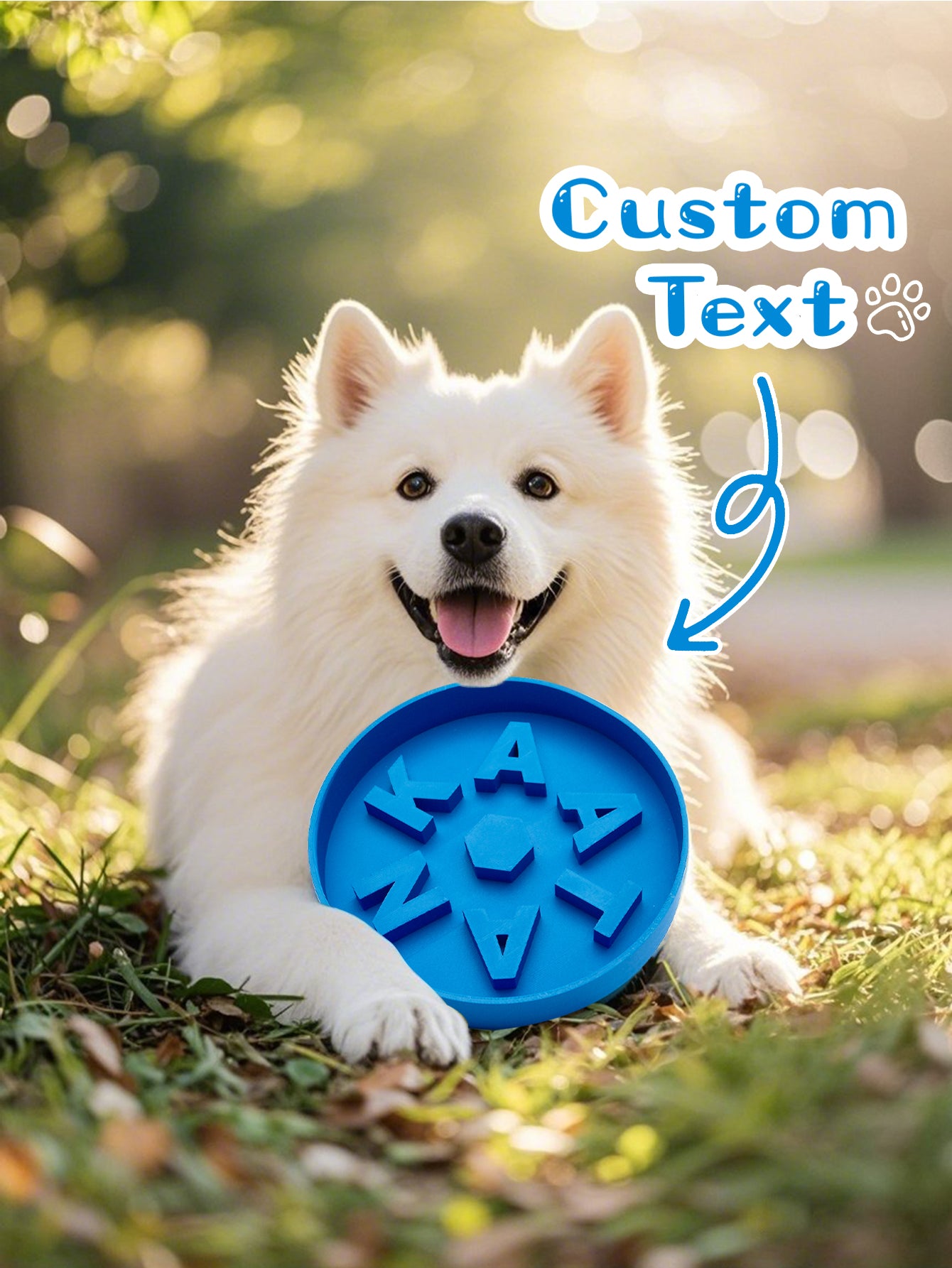 Overhead shot of personalised slow feeder dog bowl in PLA highlighting compact 15cm x 15cm size for small to medium pets