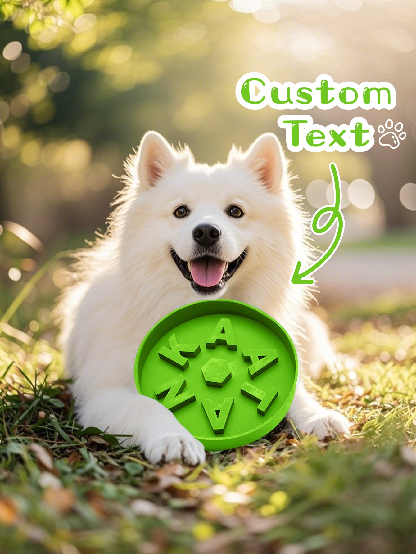 Multi-angle product composition of personalised slow feeder dog bowl showing front and top views with custom name