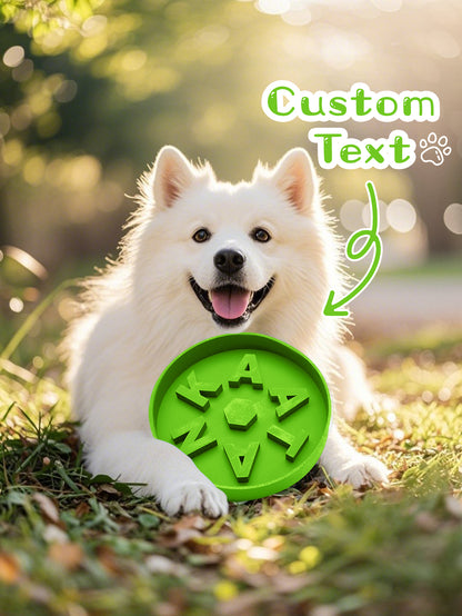 Multi-angle product composition of personalised slow feeder dog bowl showing front and top views with custom name