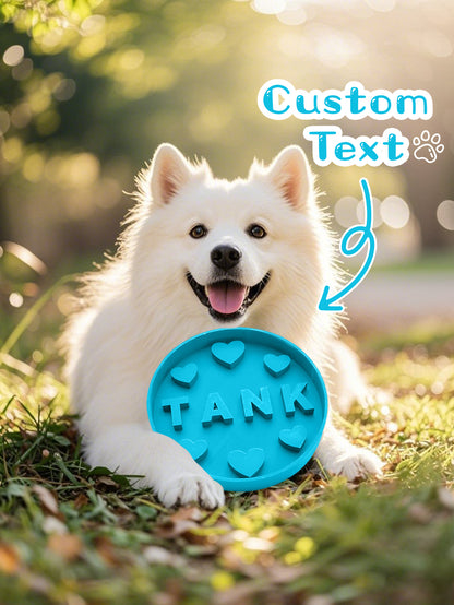 Side and angle combined shot of personalised slow feeder pet bowl showing proportional size and raised custom name detail