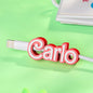 Close-up of the 3D printed name visible in the holder, highlighting durability of PLA.
