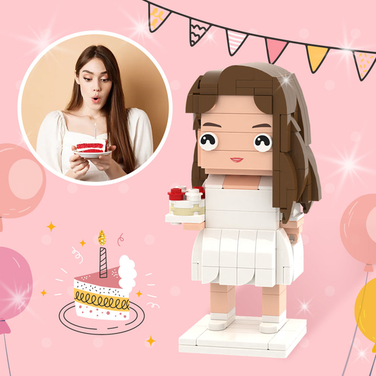 Personalised Photo Brick Figure with custom face, hairstyle and outfit — bespoke building-block keepsake and custom birthday gift for her