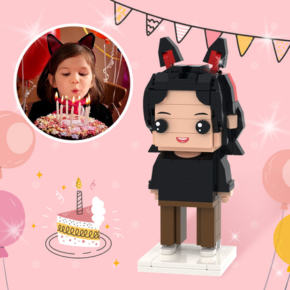 Personalised photo brick figure of a smiling daughter in customised outfit — bespoke brick-style mini figure, perfect birthday gift for girls