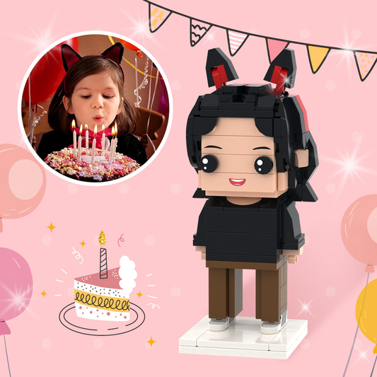 Personalised photo brick figure of a smiling daughter in customised outfit — bespoke brick-style mini figure, perfect birthday gift for girls