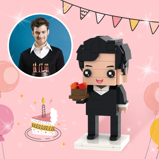 Personalised photo brick figure front view on white background — custom birthday gift for boyfriend, full‑body likeness in eco‑friendly ABS