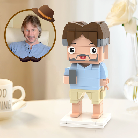 Personalised 1-Person Brick Figure front view on display base – custom mini figure in eco-friendly ABS bricks with personalised hairstyle, facial expression and colourful outfit; perfect Father's Day personalised photo gift
