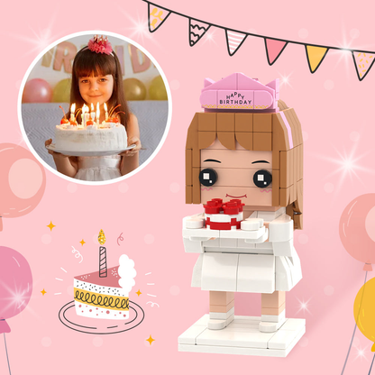 Front-facing personalised brick minifigure created from your photo, showing customised hair, expression and outfit — a bespoke mini figure gift perfect as a birthday keepsake for a daughter
