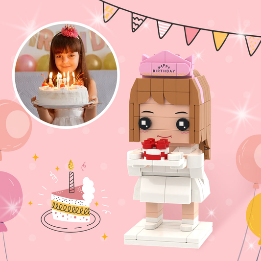 Front-facing personalised brick minifigure created from your photo, showing customised hair, expression and outfit — a bespoke mini figure gift perfect as a birthday keepsake for a daughter