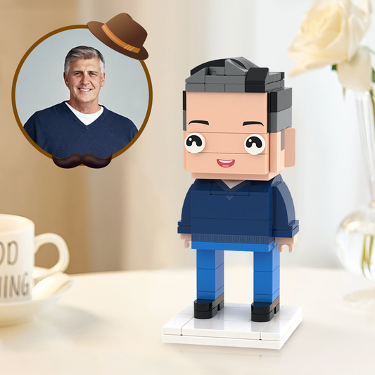 Personalised 1 Person Brick Figure close-up — custom small particle block toy in ABS, handcrafted display model; ideal gifts for Dad