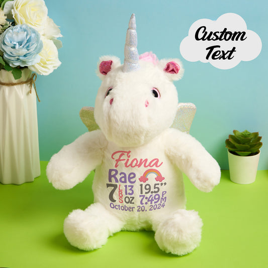 Personalised unicorn plush birth announcement teddy in pastel colours, customised with baby name and birth details, newborn keepsake