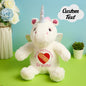 Detailed view of embroidered birth announcement text on personalised unicorn teddy, ideal newborn keepsake and nursery decor