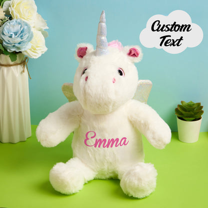 Personalised unicorn plush held in hand to show size (approx. 28.5×40 cm), perfect custom baby name soft toy for newborns