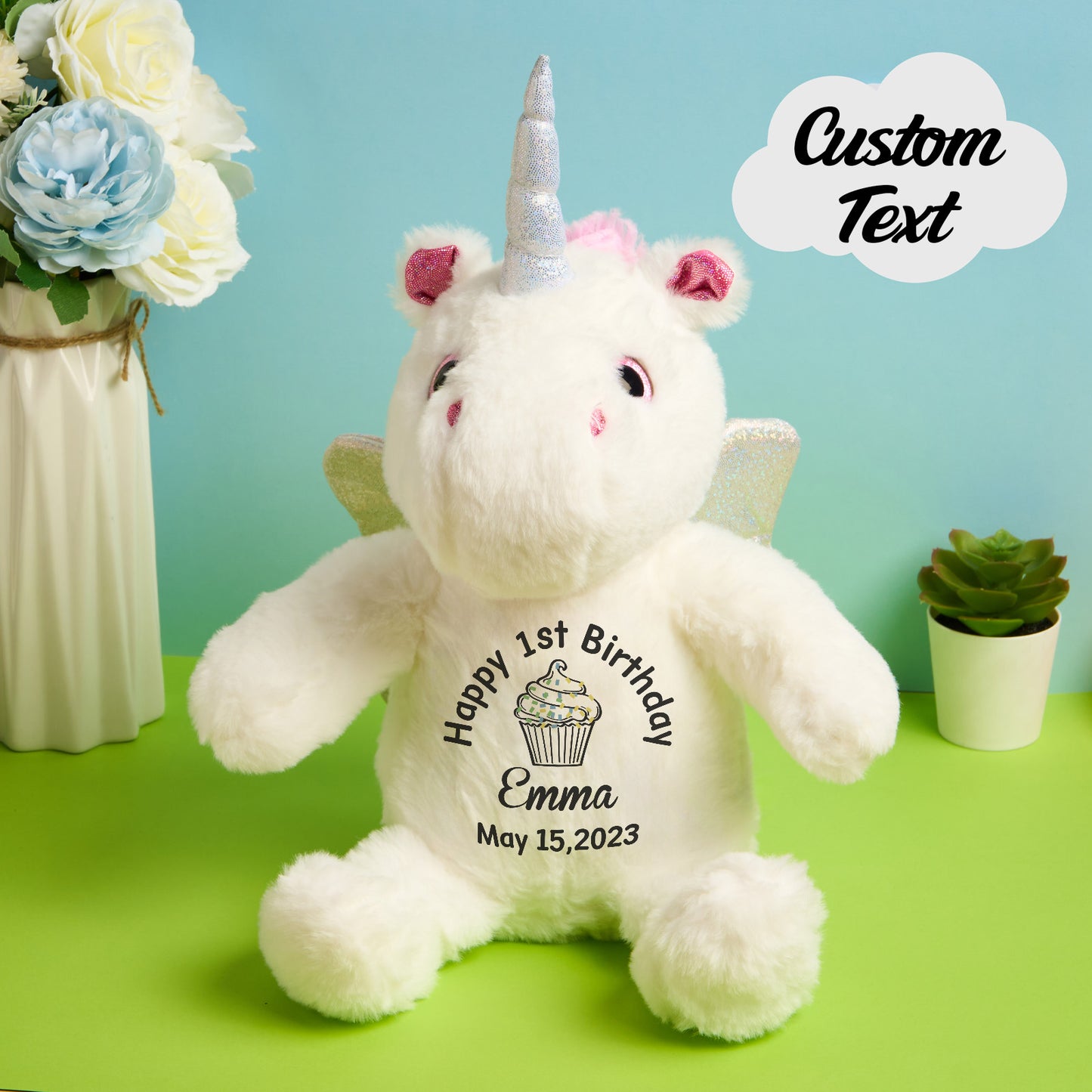 Selection of personalised unicorn plush toys in soft pastel tones, perfect personalised baby shower gifts for the UK and Australia